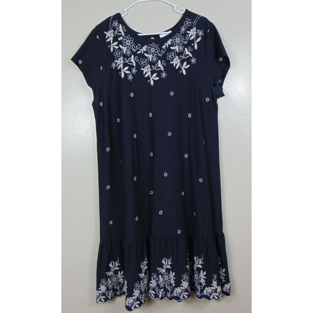 J.Jill Womens Large Navy Blue Floral Embroidered Midi Dress Short Sleeve Boho